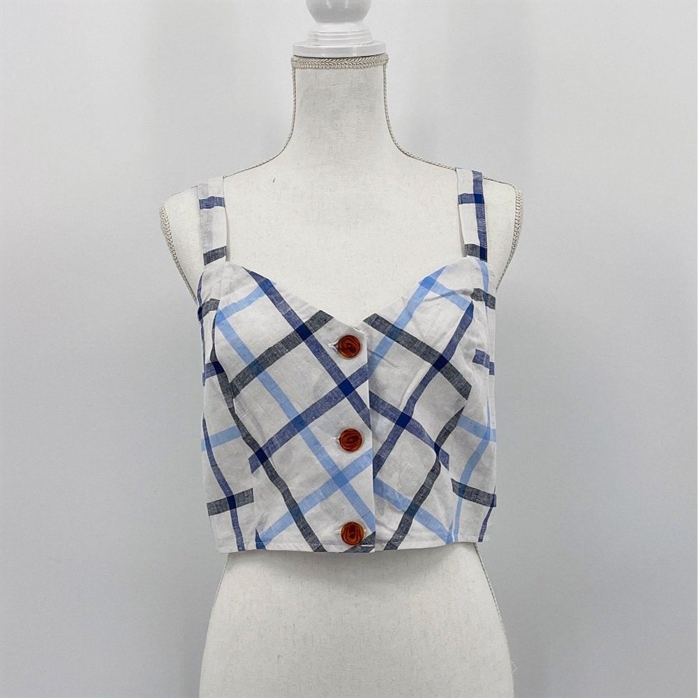 Red Carter Blue Plaid Linen Button Front Crop Top - Picture 1 of 8